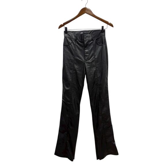 Zara High Rise Front Seam Kick-Out Faux Leather Pants Black w/ Zipper size S - Picture 1 of 5